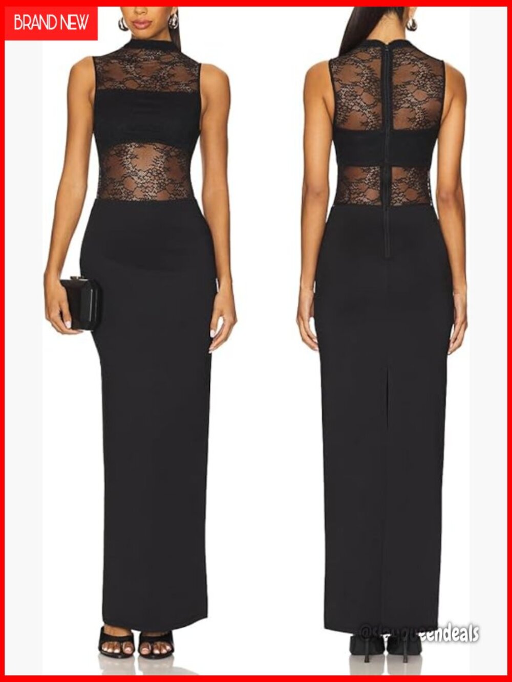 Sleeveless Lace Maxi Dress Mock Neck Bodycon Evening Gown Sheer Panel Wedding